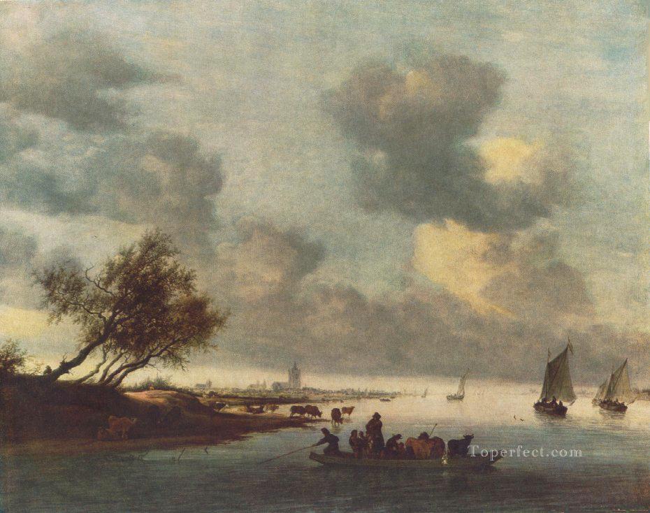 A Ferry Boat near Arnheim boat seascape Salomon van Ruysdael Beach Oil Paintings